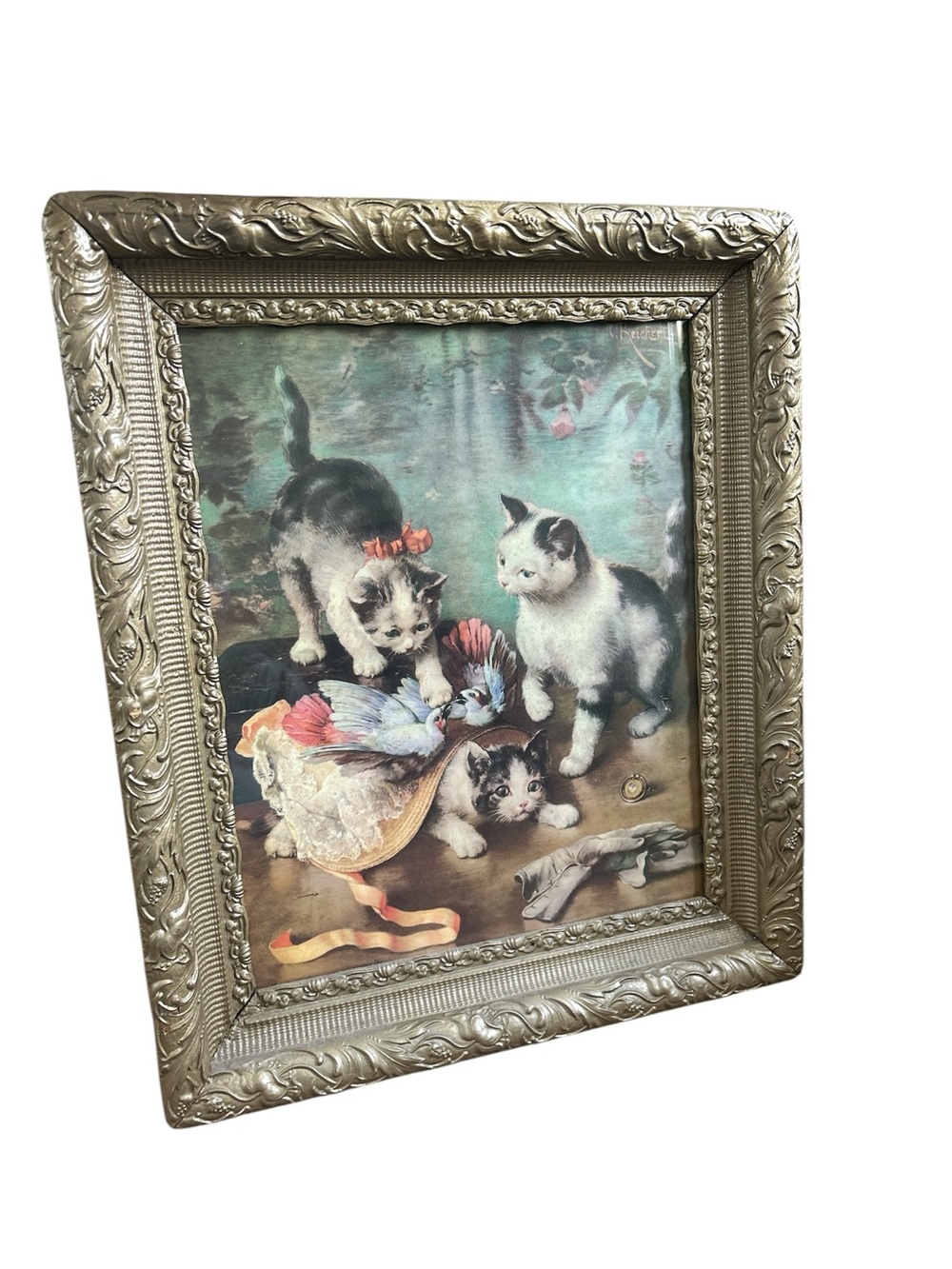 Large Vintage Framed Kitten Print in Ornate Gold Frame